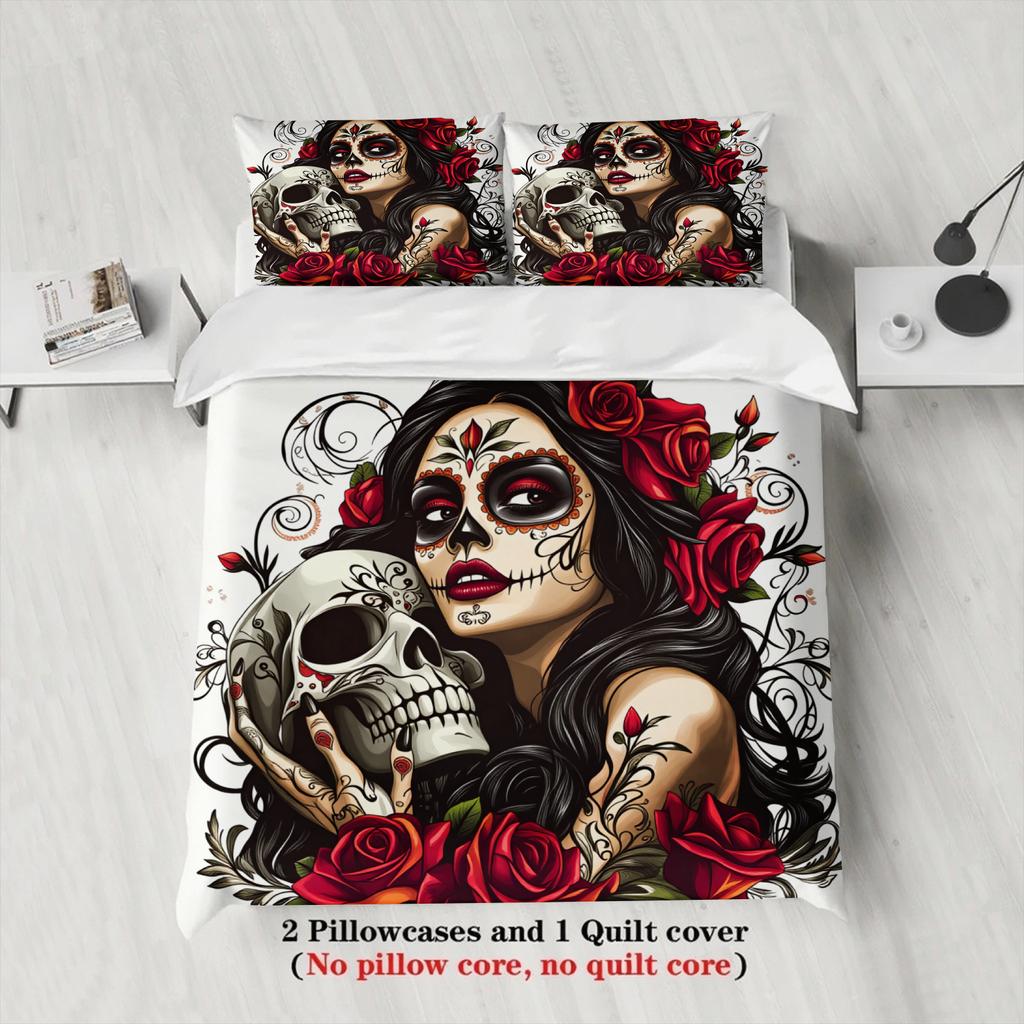 3pcs Sugar Skull Woman Bedding Sets 3D Printed Day Of The Dead Duvet Cover Sets With Pillowcases No Filling Single Twin Size