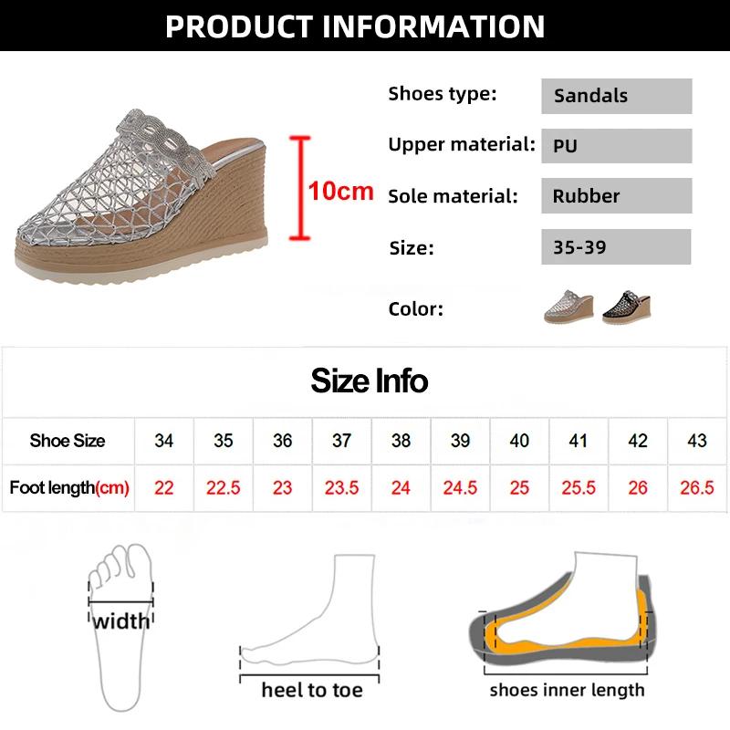 Fashion Women's Closed Toe Wedge Heel Sandals Fashion Hollow Mesh Thick Sole Slippers Woman Summer Shiny Crystal Chunky Platform Sandals