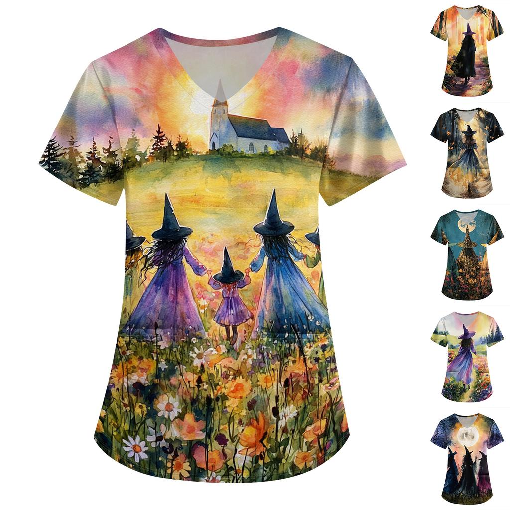 Women's V-Neck Short Sleeve Work Shirt with Pockets Halloween Print Scrub Top for Caregiver Uniform