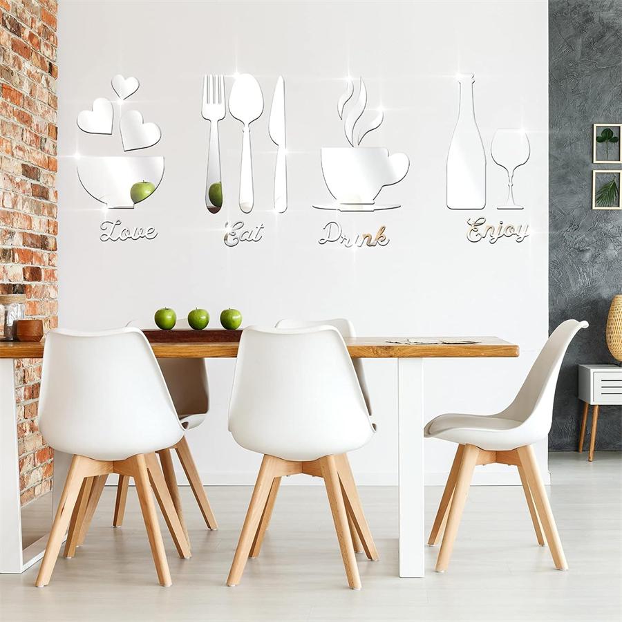 3D Acrylic Mirror Wall Stickers Kitchen Decor Fork Spoon Bowl Tea Cup Bottle Signs Modern Art Home Restaurant Wall Decoration
