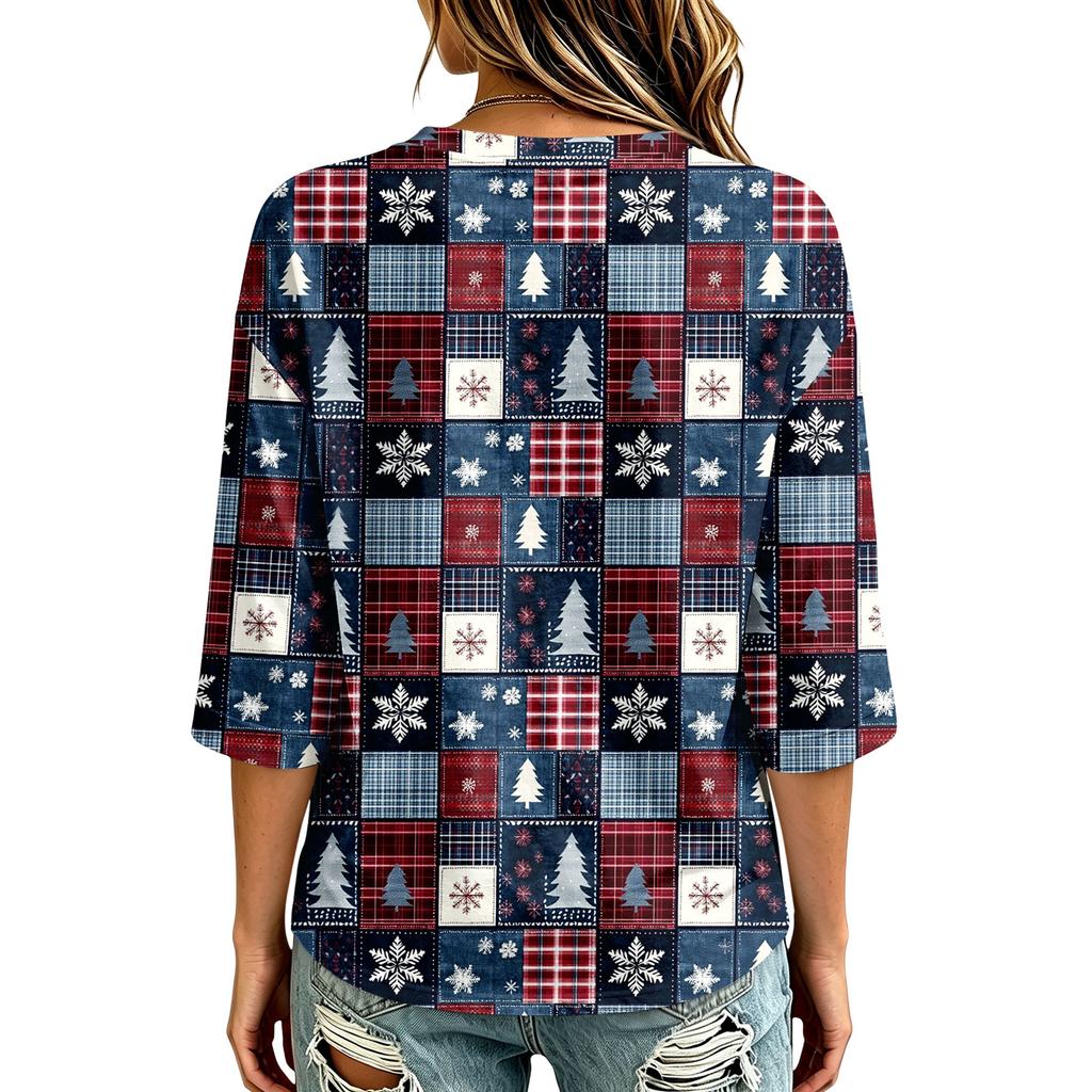 Top Casual da Donna con Scollo a V e Maniche 3/4 con Stampa Natalizia