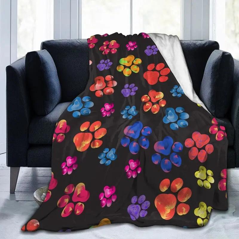 Dog Paw Print Flannel Fleece Throw Blanket for Bed Sofa Travel Camping Lightweight Soft Warm Cozy Plush Blankets for All Seasons