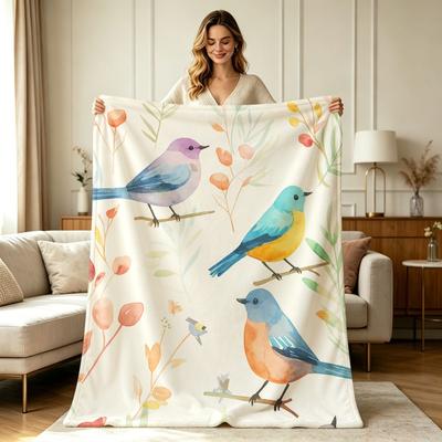 Soft Flannel Throw Blanket with Watercolor Cute Bird And Botanical Floral Print All Season Warm Cozy Lightweight Blanket for Sofa Couch Bedroom Living