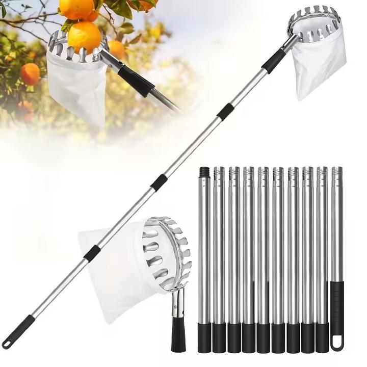 Fruit Picker Pole with Storage Bag Stainless Steel Telescopic Rod Fruit Picker High Tree Orchard Garden Apple Lemon Picking Tool