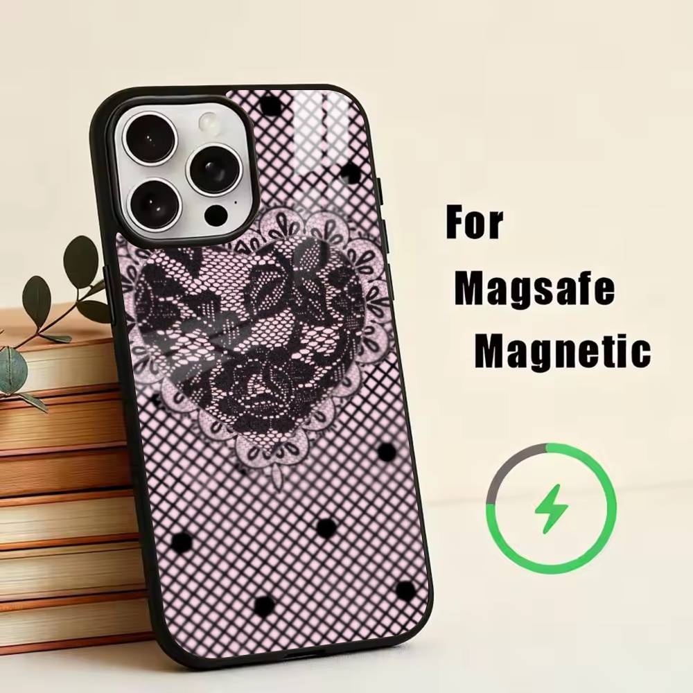 Elegant black lace print design Phone Case For iPhone17,16,15,14,13,12,11 Plus,Pro Magnetic For Magsafe Wireless Charging