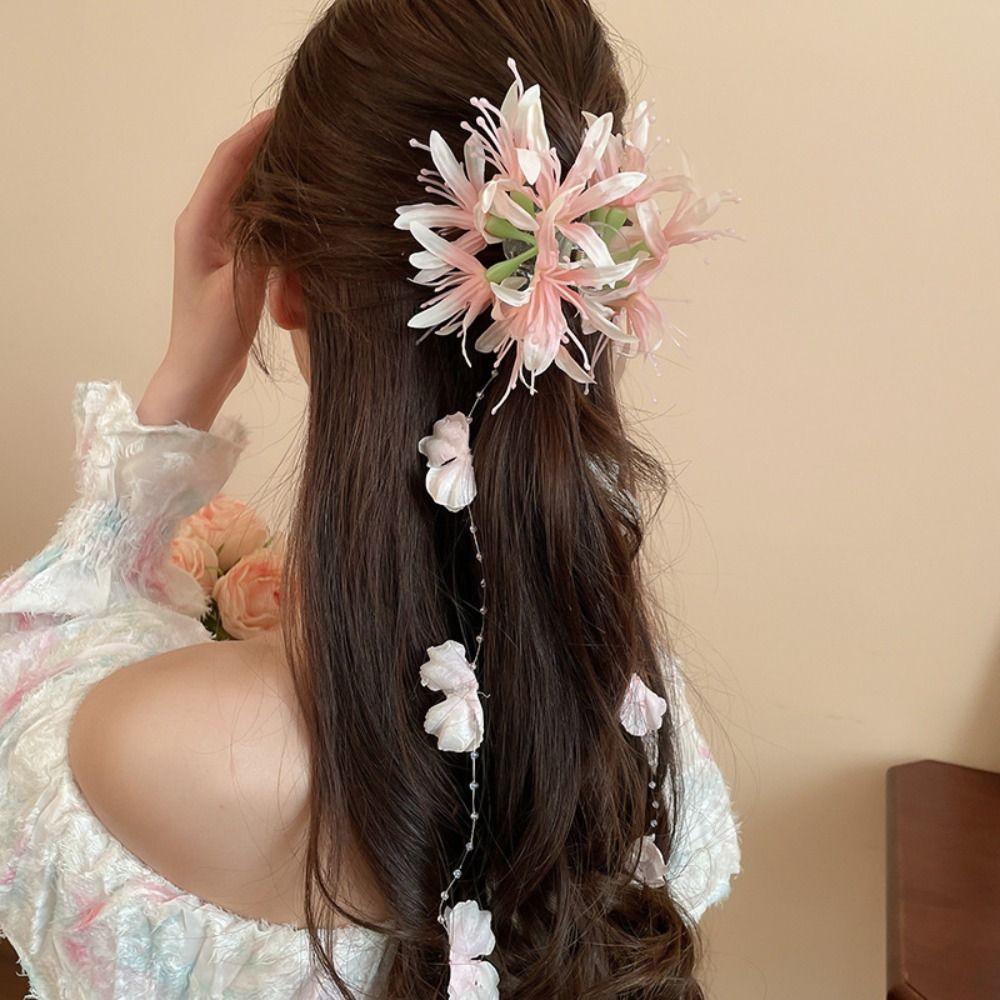 Sweet Flower Tassel Hair Claw Elegant Bridal Headwear Flower Hair Shark Clip  Hair Accessories