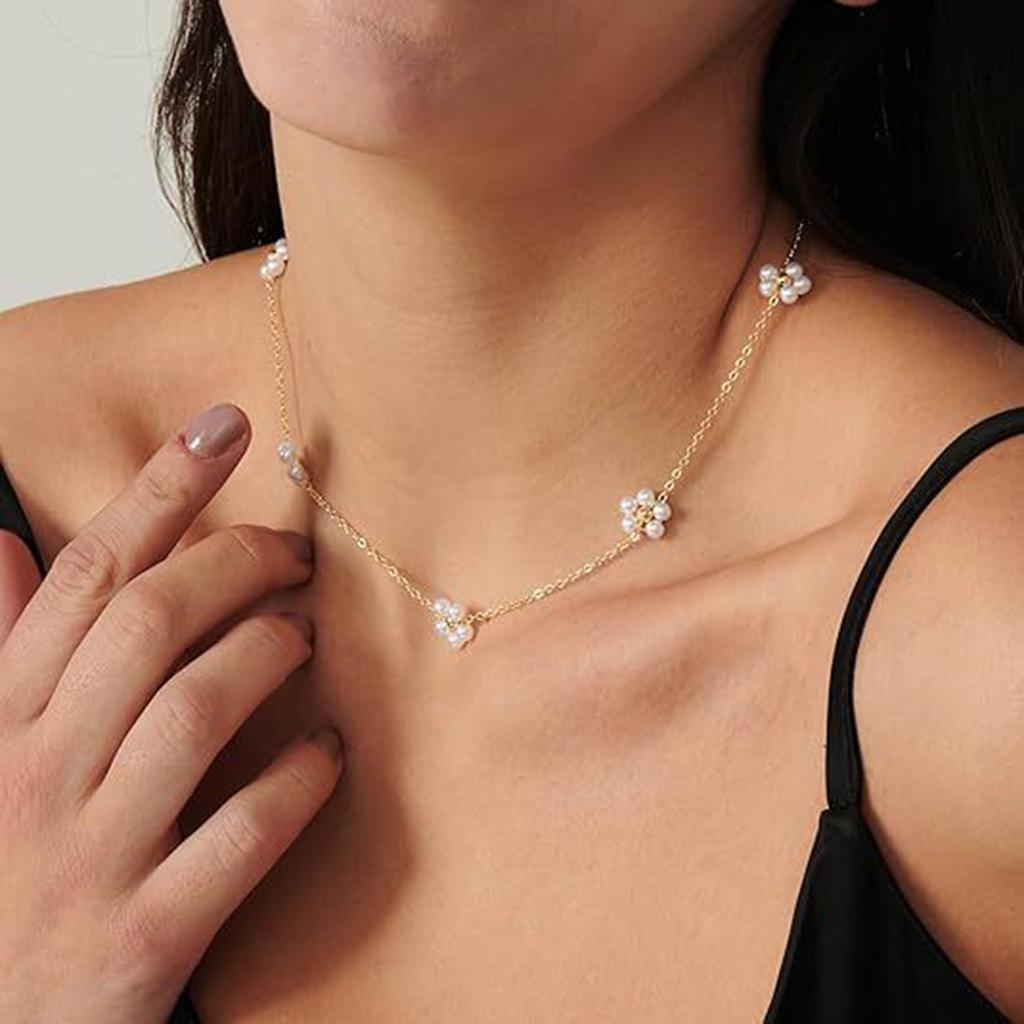 Elegant Pearls Choker Necklace Stylish Pearls Flower Necklace Bracelet Accessory Exquisite Adornment for Women