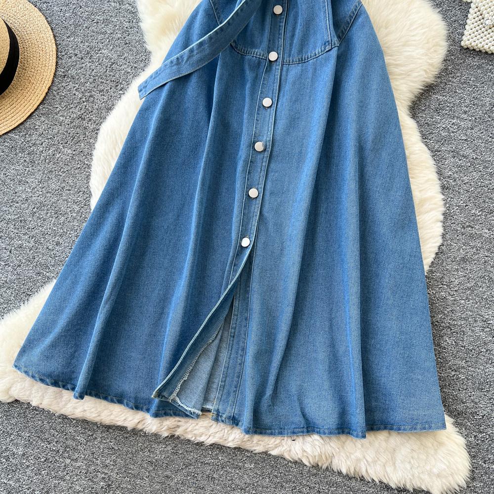 Premium lapel sleeveless single-breasted waist denim dress women's summer thin temperament elegant long dress