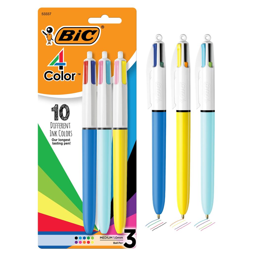 BIC retractable ballpoint pen with ink and comfortable wide assorted 4-color long-lasting barrel, 3-pack inks.