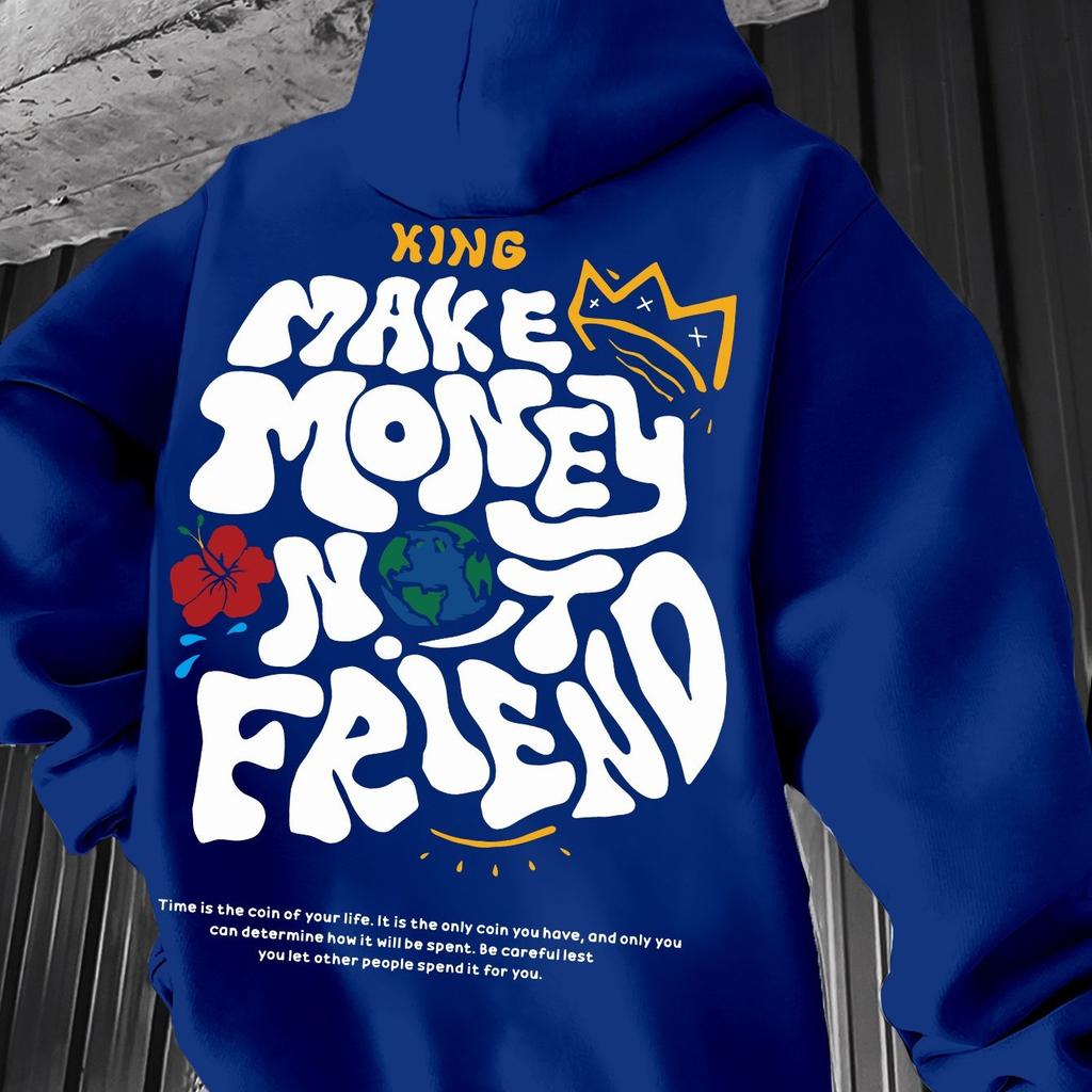 Men's Autumn and Winter Casual Fashion Loose Plus Size Letter Pattern Print Fleece Warm Long Sleeved Hooded Sweatshirt Pullover