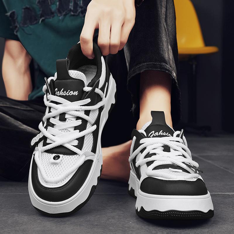 Men'S Shoes Leather Splicing Mesh Breathable Board Shoes Cross Strap Low Top Men'S Casual Sports Shoes