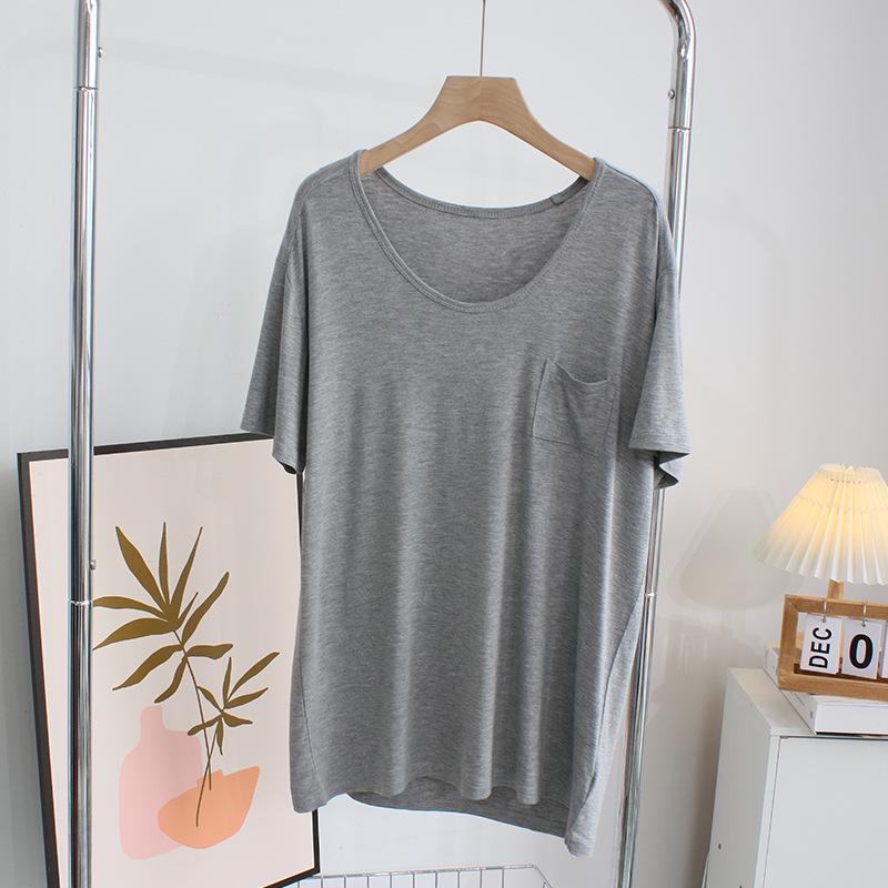 

Женская летняя однотонная футболка с карманом - Свободный, мягкий модальный топ с коротким рукавом One Size серый