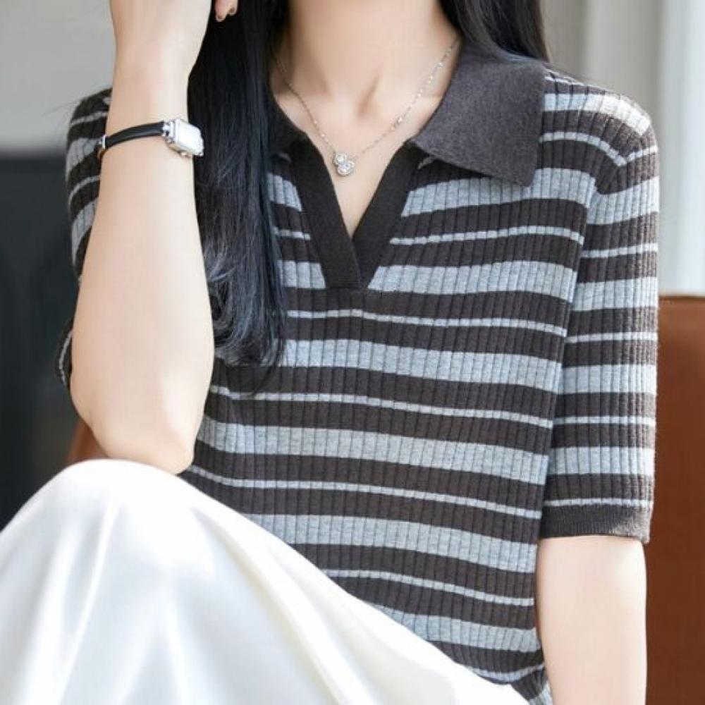 Navava Women Casual Stripe Collar Short Sleeve Knit Tee Nk3693