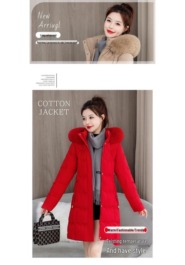 Women's Mid-Length Hooded Cotton Jacket with Large Fur Collar - Fashionable, Slimming Winter Outerwear with Waist Tie