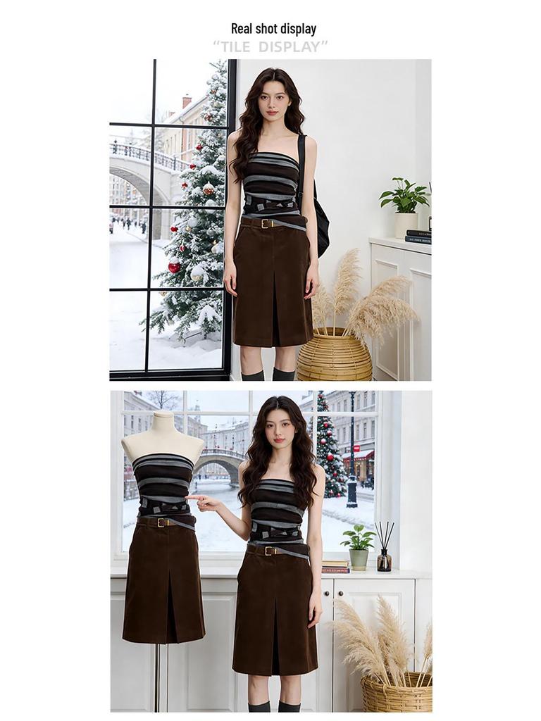 Retro Brown Velvet A-line Skirt with Slit - Youthful Spring Style