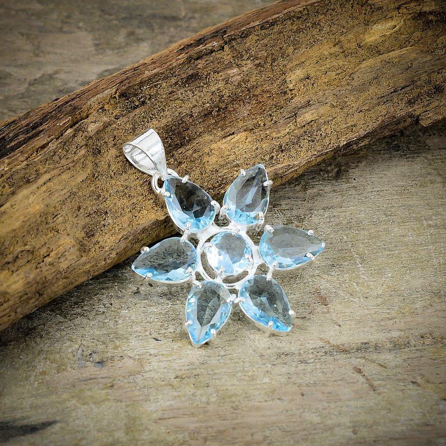 Swiss Blue Topaz Gemstone 925 Sterling Silver Jewelry Pendant 1.77" M-71