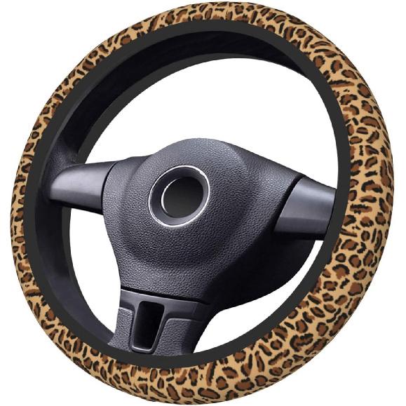 Leopard Steering Wheel Cover Anti-Slip And Practical 14.5-15 Inch Universal Car Steering Wheel Cover With 2 Pieces Car Coasters Suitable For Men