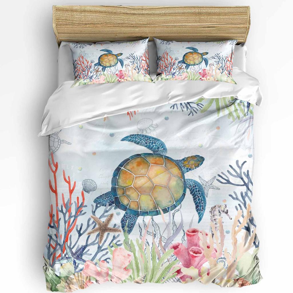 Nautical Theme Sea Turtle Starfish Compass Duvet Cover with Pillow Case 3pcs Bedding Set Quilt Cover Double Bed Home Textile