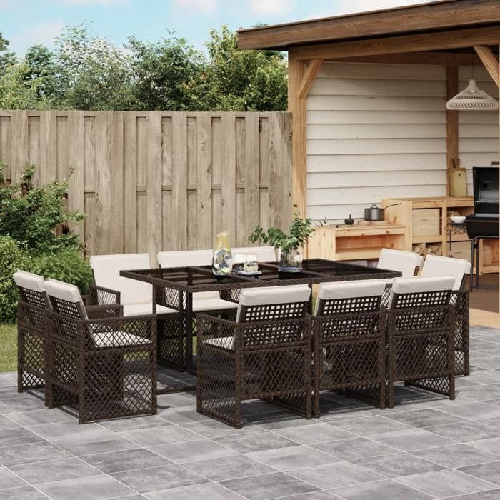VidaXL Ensemble à manger de jardin et coussins 11 pcs marron rotin, ensemble de salle à manger d'extérieur, meuble de salle 3210849