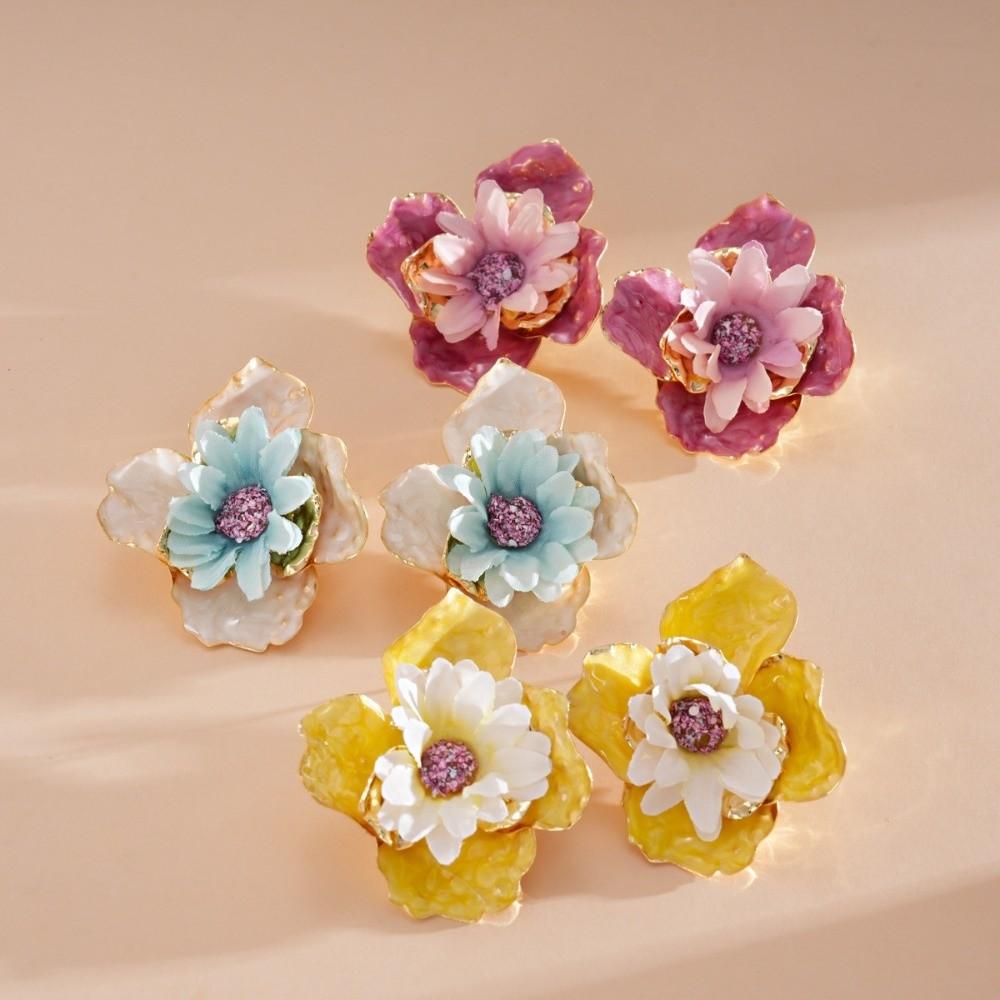 Oil Drip Colorful Flower Earrings Korean Style Floral Ear Studs Exaggerated Ear Pendant Daily