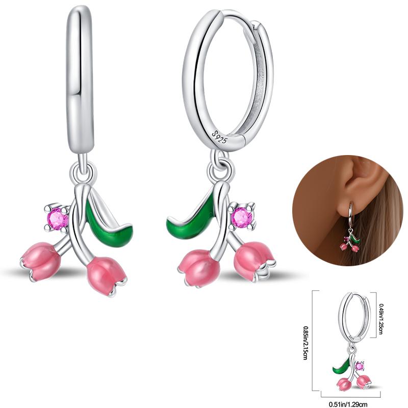 Early Spring 925 Silver Pink Tulip Sunflower Butterfly Grape Sweet Fresh Earrings Fit For Engagement Fine Jewelry Gifts