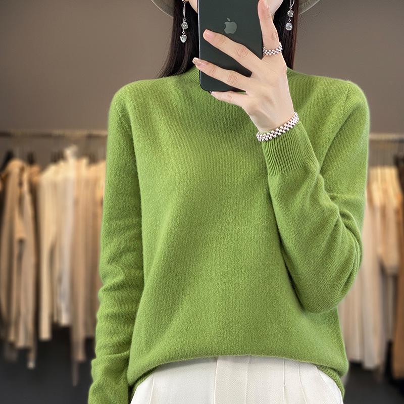 Women's Pure Wool Half-High Neck Sweater - Loose Fit Knitwear for Autumn and Winter