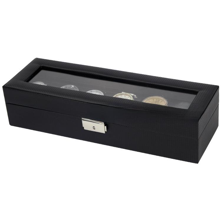 Carbon Fiber 6-Slot Leather Watch Display Box - PU Storage for 6 Watches