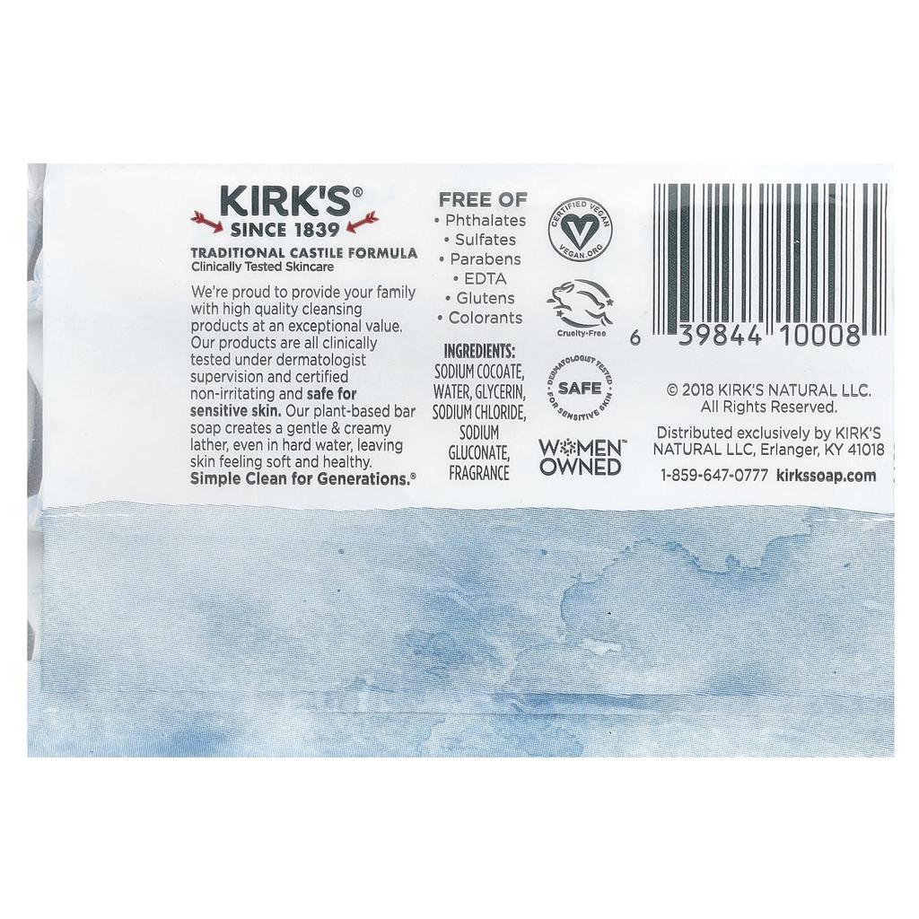Kirk'S, 100% Premium Coconut Oil Gentle Castile Soap, Original Fresh Scent, 3 Count, 113G(4Oz) Each