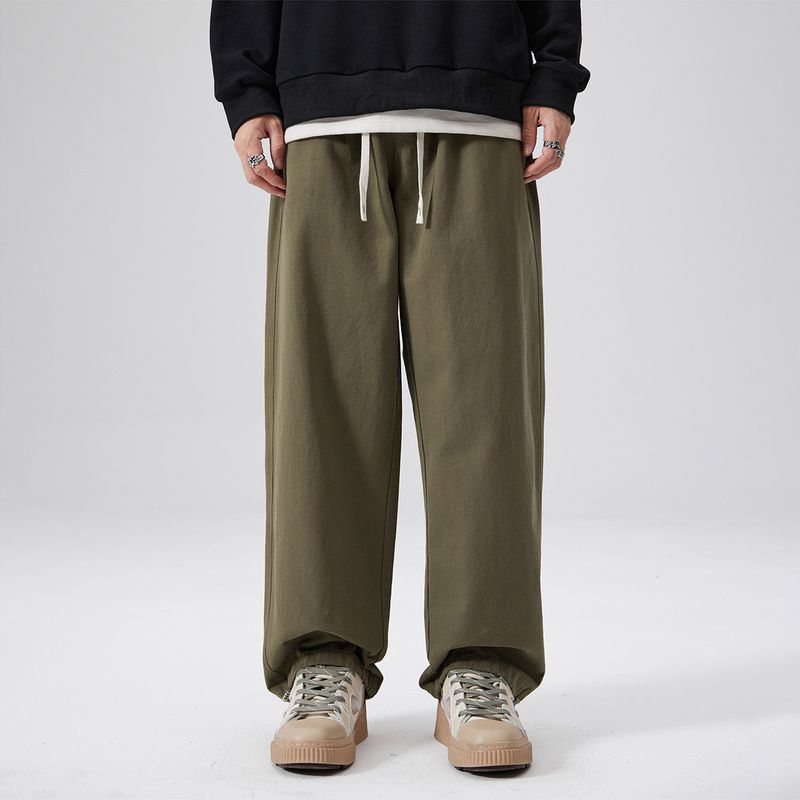 51 Hip-Hop Vintage Style Fleece-Lined Pants for Men, Winter Thickened Trendy Brand Sports Style Solid Color Casual Straight-Leg Jogger Pants