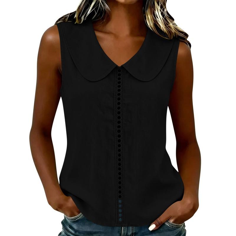 Women's Peter Pan Collar Sleeveless Blouse Eyelet Detail Casual Tank Top