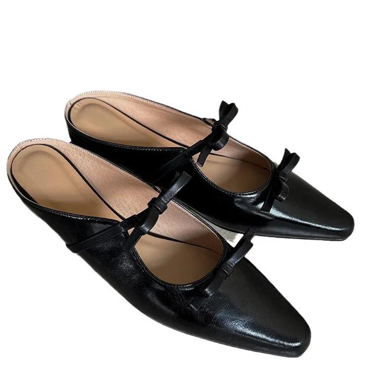 2024 Neue Luxus Schleife Mary Jane Damen Spitz Glänzend PU Leder Flache Ballerinas Partykleid Damen Hausschuhe Zapatos De Mujer