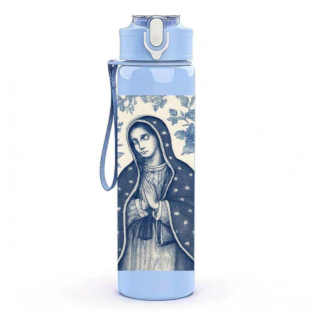 1PC Blue Tone Virgin Mary Portrait 750ml Color Plastic Sports Water Bottle Leakproof Flip Straw Lid For Sports Office Home Use