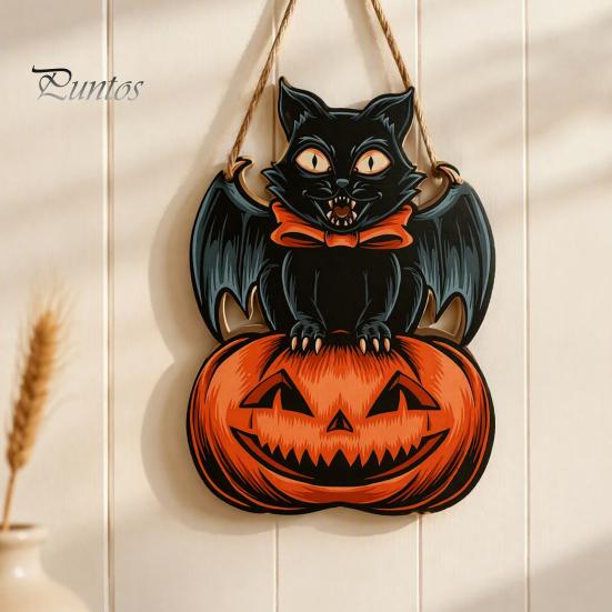 Festive Wooden Wall Hanging Halloween Door Sign, Black Cat Bat Pumpkin Plaque with Indoor Outdoor Holiday Ornament Jute Rope, Farmhouse Front