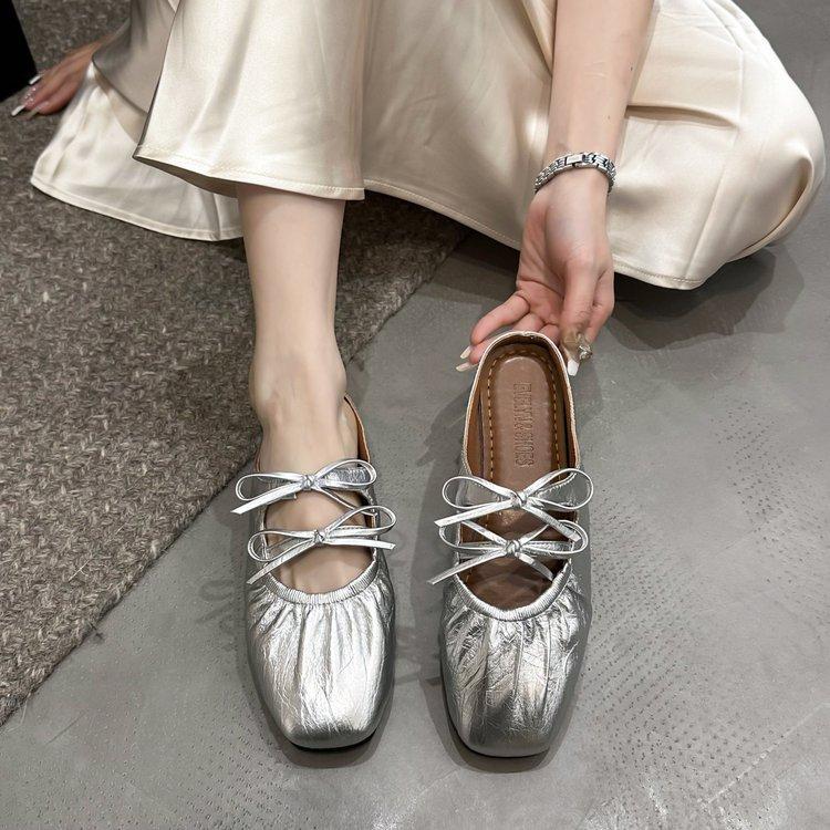 Bow Inner Height Increase Silver Bag Head Half Slippers Women's Shoes Fashion Wear 2025 New Summer Mary Jane Shoes