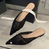 Fashion Luxury Mesh Pearl Flat Sandals Women Bling Pointed Toe Designer Brand Sandals Shoes Fashion Elegant Comfortable Non-slip Mules