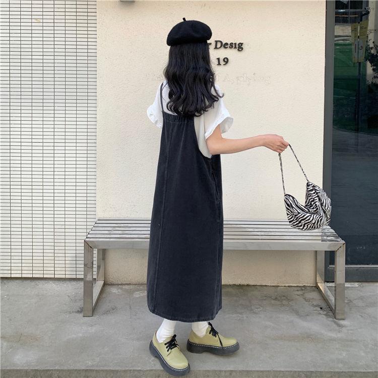 Vintage Denim Suspender Skirt With Knitted Fabric For Casual And Travel Wear