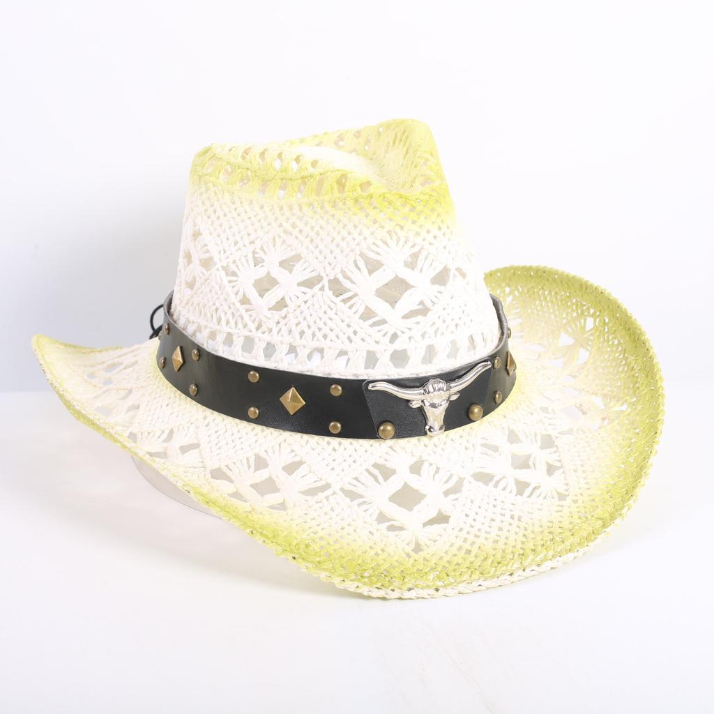 Popular European and American Fashion Hollow Woven Hat Straw Hat Men's and Women's Classic Outdoor Western Denim Straw Hat