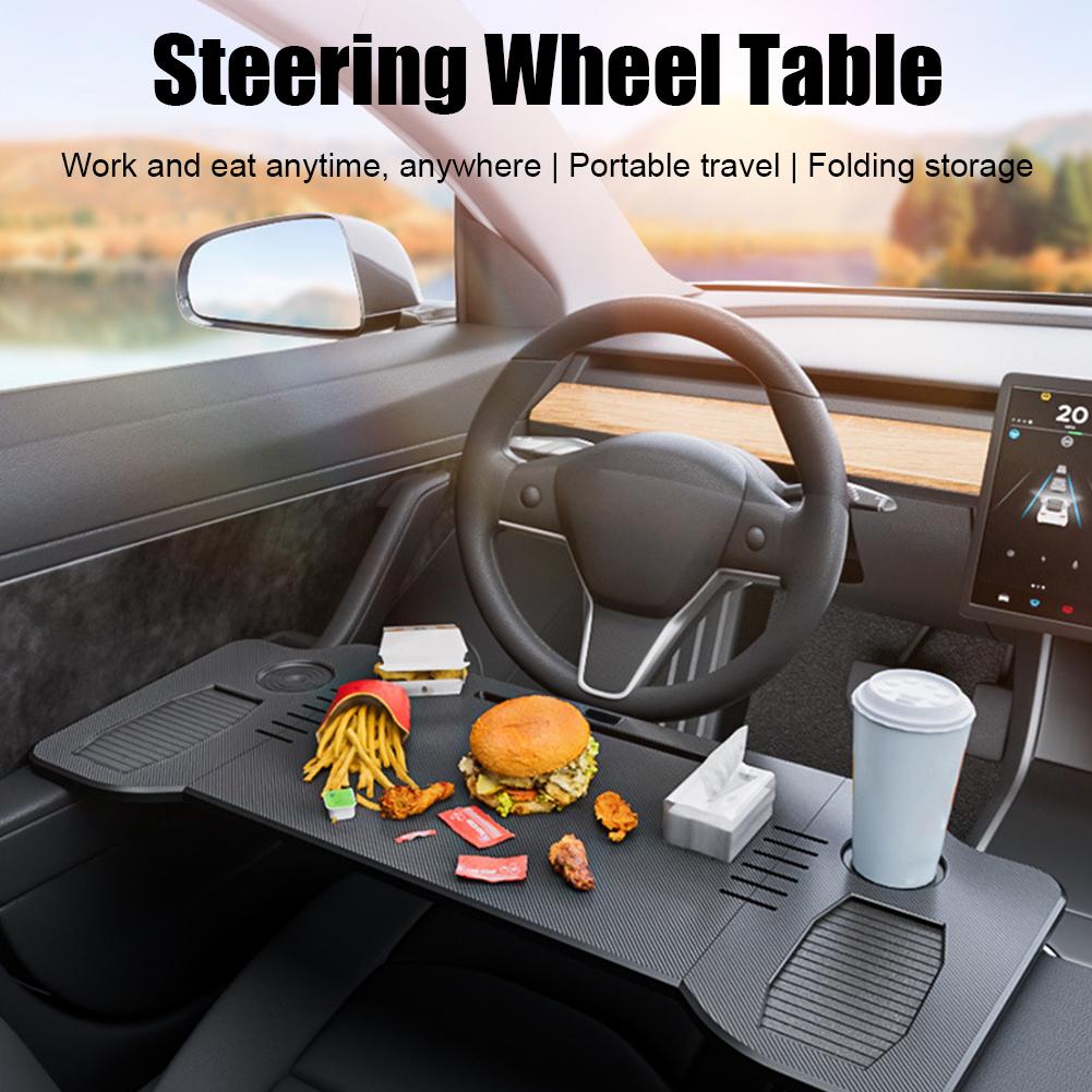 Foldable Car Laptop Desk Fiber Texture Car Food Drinks Tray Table Car Holder Automotive Interior Accessories For Tesla Model3/Y