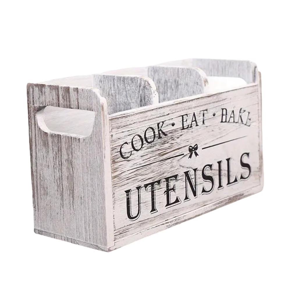 3 Compartments Wood Kitchen Utensils Holder With Drainage Holes Space Saving Utensil Organizer Wood Material Tableware Stand