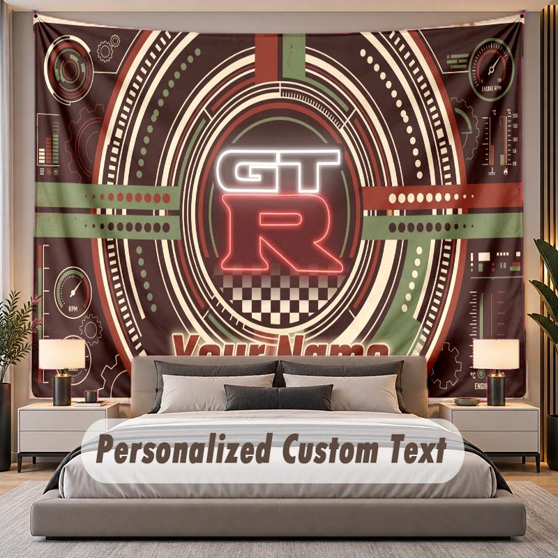 Custom Name Text Tapestry Nissan GT-R Personalized Polyester Wall Tapestry For Bedroom And Room