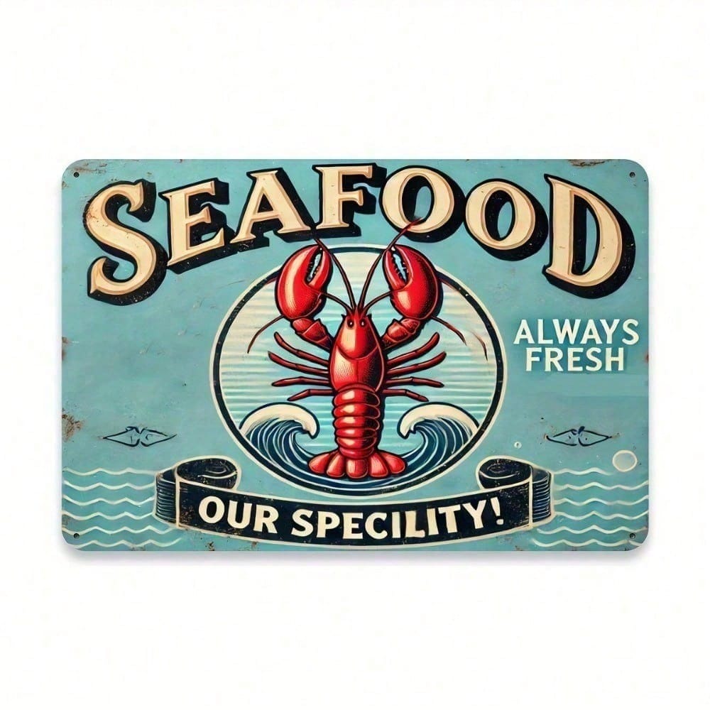 Vintage Lobster Metal Sign 12x8 Inch Retro Seafood Restaurant Decor Aluminum Plaque Turquoise Wall Art