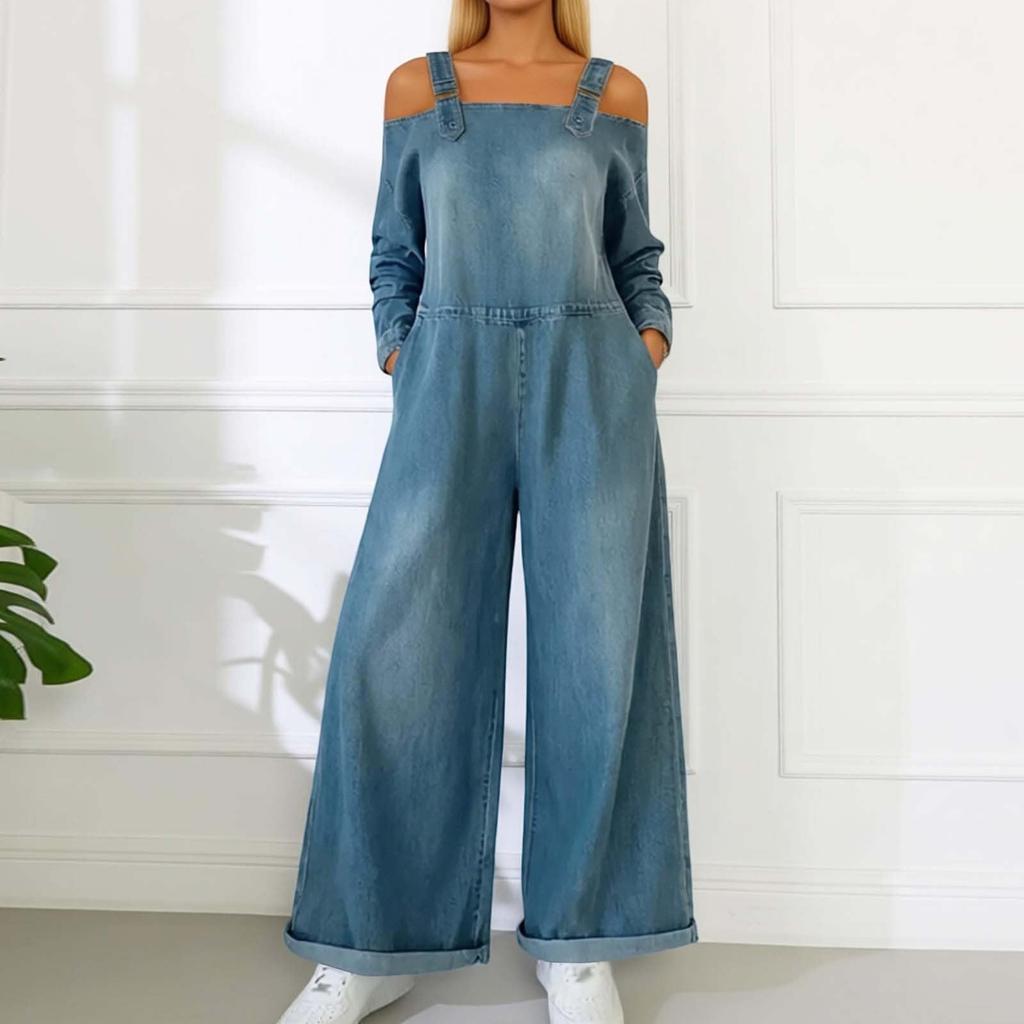 Ladies' Casual Denim Printed Long Sleeved Loose Pocket Jumpsuit