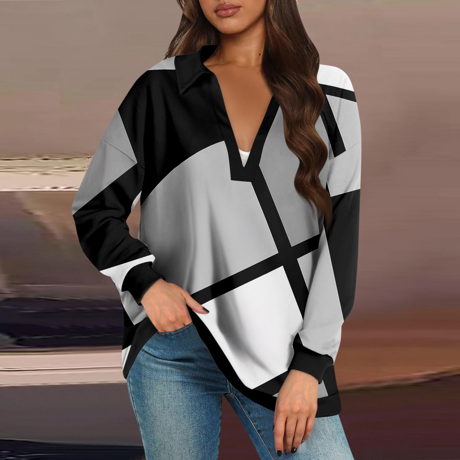 

Женские свободные толстовки осенние топы с длинным рукавом V-образным вырезом повседневный пуловер с принтом топ милая повседневная одежда M чёрный