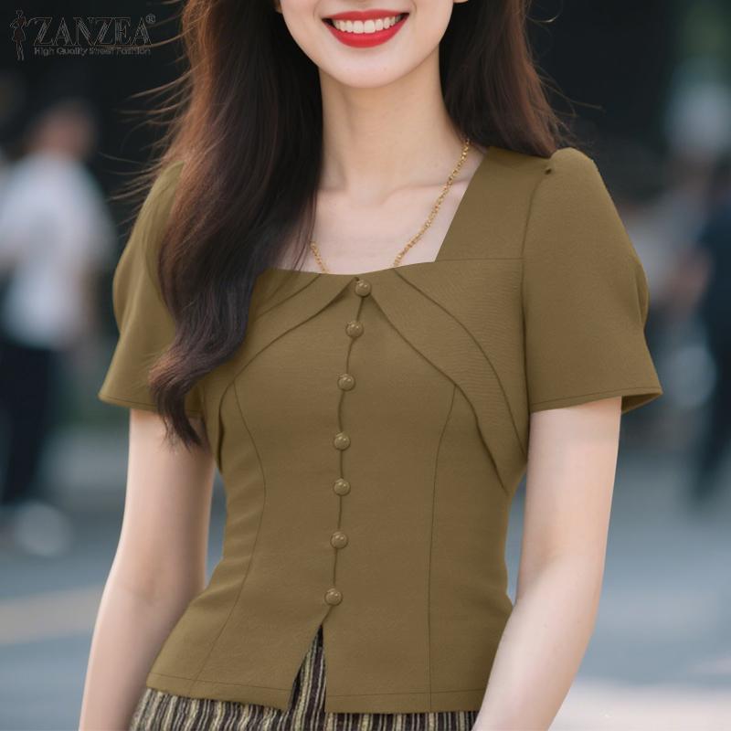 ZANZEA Damen Sommer Casual Kurzarm Slim Bluse mit quadratischem Ausschnitt
