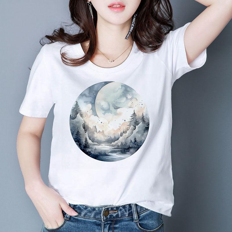 Sommer Neues Individuell Bedrucktes Modisches Damen-T-Shirt Personalisiertes Mondmuster Rundhals-T-Shirt für Damen Harajuku Ästhetik