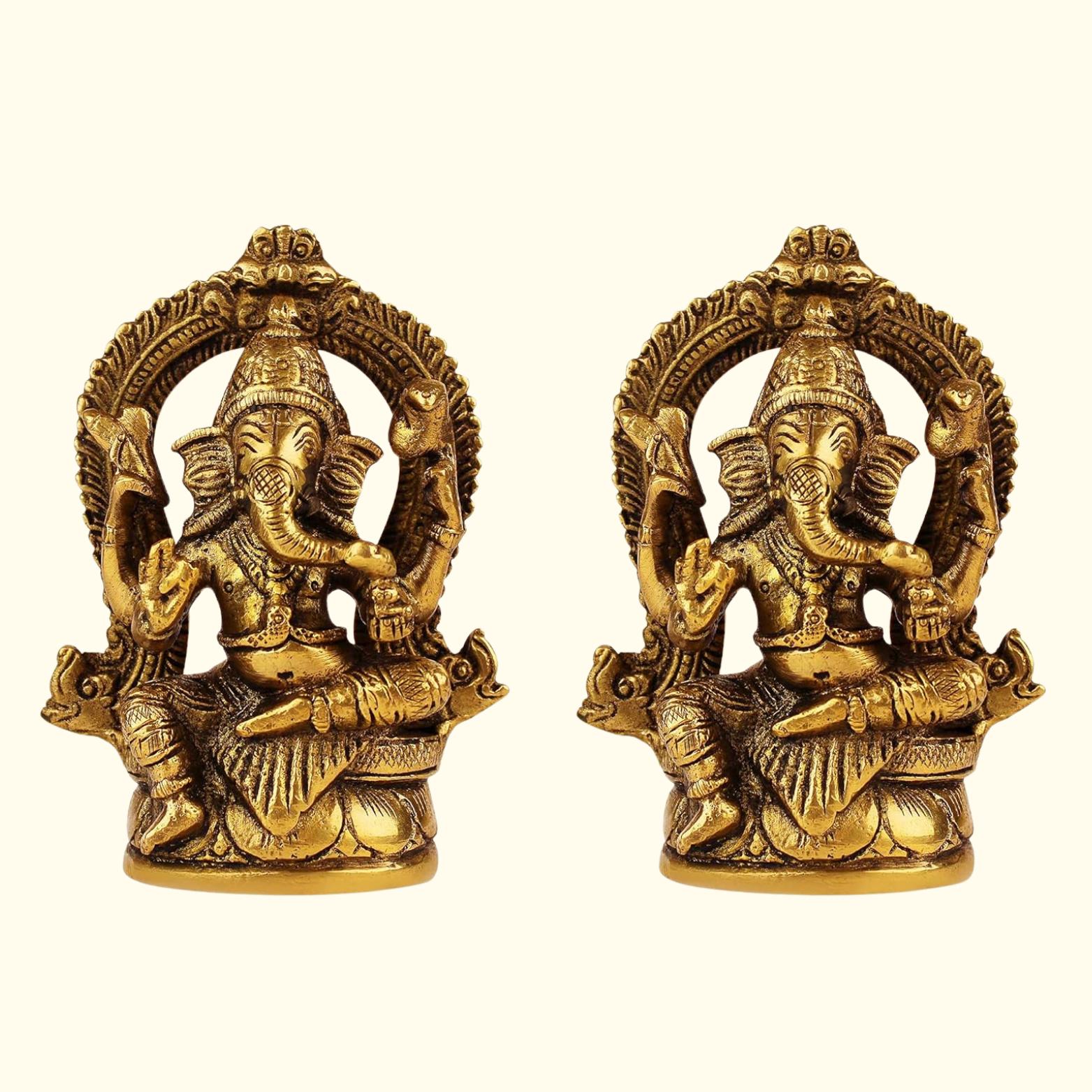 Pure Brass Idol, Ganesh Bhagwan Sitting On Singhasan Gold Color - 4.5 Inch