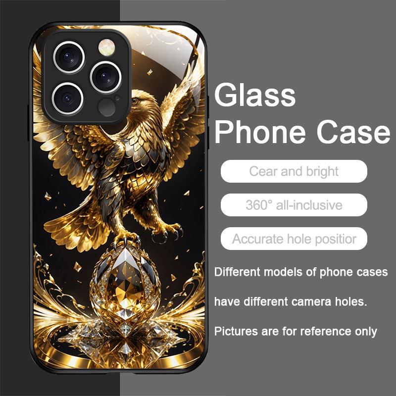 Stylish Eagle Golden Diamond Pattern Tempered Glass Phone Case for IPhone 17 16 Pro Max 15 14 13 12 Mini 11 X XS 7 8 Plus Cover