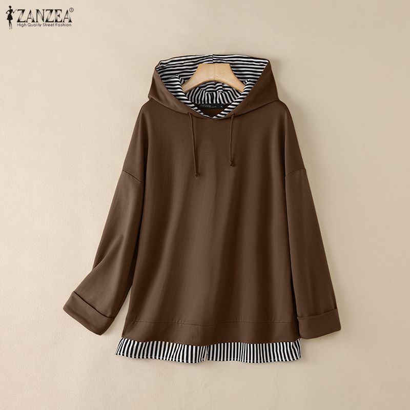 ZANZEA Women Hoodies Casual Long Sleeve Stripe Patchwork Hooded Sweatshirts