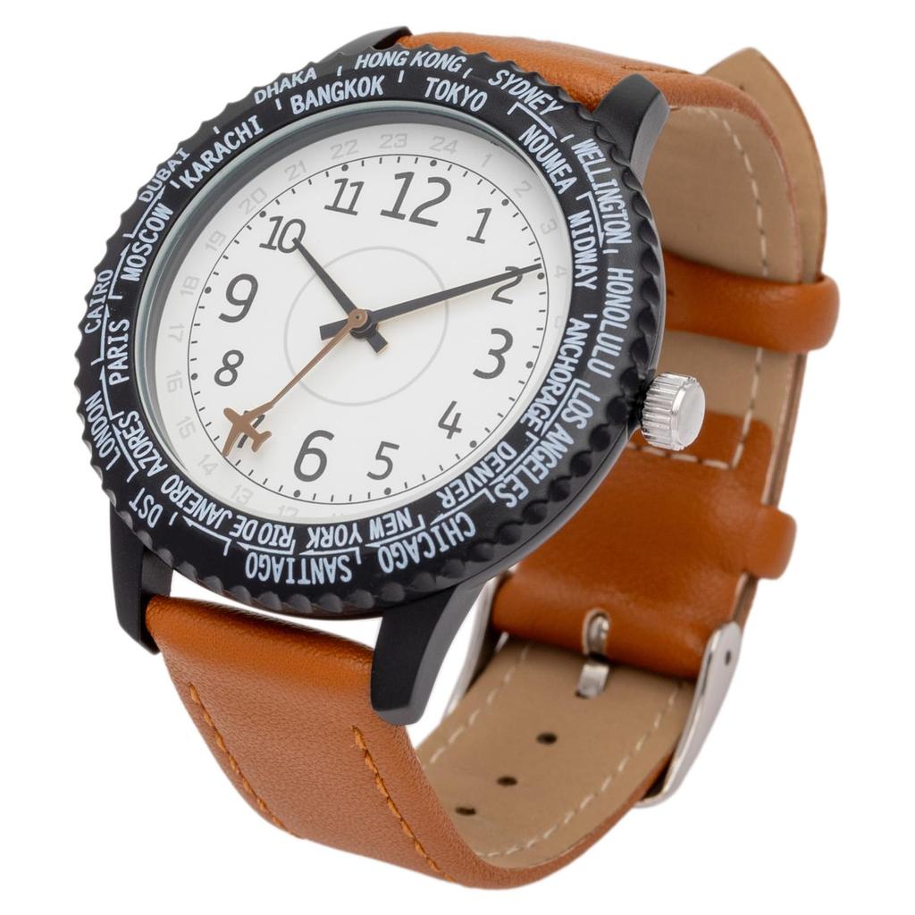 Fieldwork Analog Watch with Leather World Time Rotating Wald Women's Strap, Display, Bezel, Brown, YM125-2