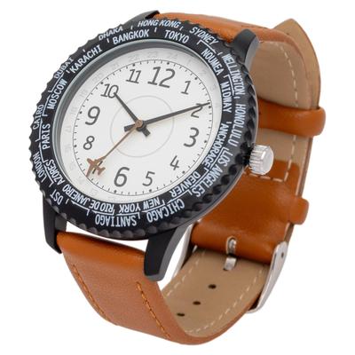 Fieldwork Analoog Horloge voor Dames met Leren Band, Wereldtijdweergave, Draaibare Ring, Bruin, Wald YM125-2